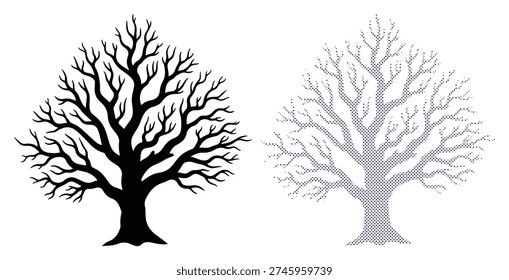 Bare tree branches in black and blue dotted styles, nature outdoors botanical element