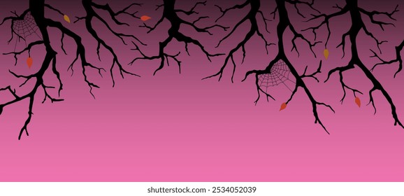 Ramificações de árvore nua com ilustração de vetor de Halloween de teia de aranha. Paisagem assustadora com espaço de cópia. Modelo de feriado assustador de outono. Design para plano de fundo, plano de fundo, convite com lugar para texto