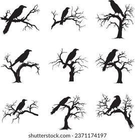 Bare Tree Branches Entrance with Silhouette Raven Bird: Spooky Halloween Night Vector Design Set, Including Raven Dead Tree