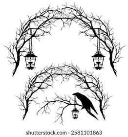 bare tree branches forming arch entrance with hanging antique style lamps and raven bird - spooky halloween forest vector design set