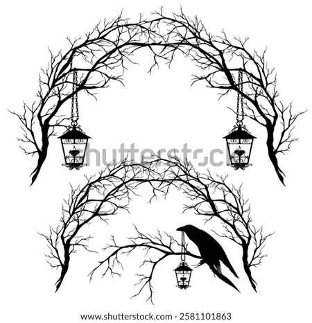 bare tree branches forming arch entrance with hanging antique style lamps and raven bird - spooky halloween forest vector design set