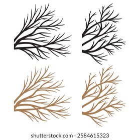 Bare tree branches on white background. Black and white dead tree clipart. Branch silhouette icon set. Hand drawn brown tree twig. Cartoon dry tree without leaves