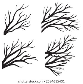 Bare tree branches on white background. Black and white dead tree clipart. Branch silhouette icon set. Hand drawn black tree twig. Cartoon dry tree without leaves