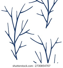 Bare tree branches silhouette, graphic seamless pattern. Hand drawn vector illustration. For Easter and seasonal designs, greeting cards and magazines, garden goods, nature clip arts.