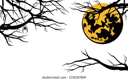 bare tree branches, spider and fool moon - halloween night in the woods vector design set