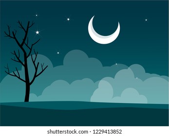 bare tree and the crescent moon over in desert