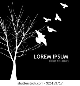 Bare tree with flying birds. Vector