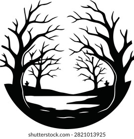 Bare tree forest silhouette landscape circle frame with silhouette landscape halloween illustration seasonal mysterious isolated backdrop woodland environment negative