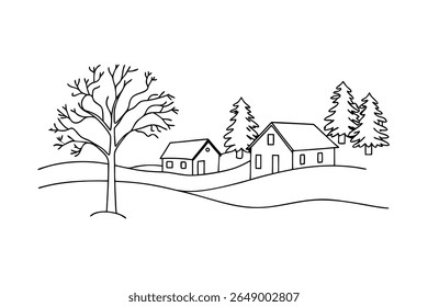 Bare tree houses and evergreen trees on rolling hills