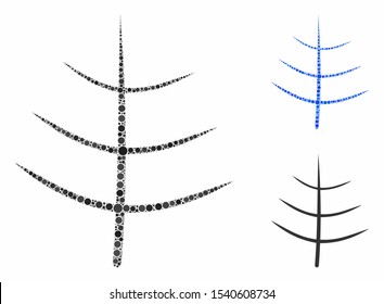 Bare tree mosaic of filled circles in variable sizes and color tints, based on bare tree icon. Vector filled circles are composed into blue mosaic. Dotted bare tree icon in usual and blue versions.
