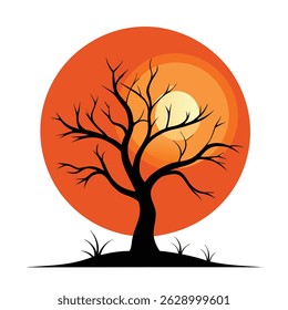 Bare Tree Night Silhouette on Beautiful Orange Moon Vector Artwork Illustration