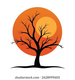 Bare Tree with No Leaves Night Silhouette on Beautiful Orange Moon Vector Artwork Illustration