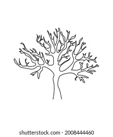 Bare tree one line art. Continuous line drawing of plants, herb, tree, wood, nature, flora, tree without leaves, autumn, bare tree, branches, crown.