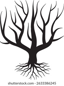 Bare tree with roots silhouette illustration