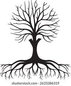 Bare tree with roots silhouette illustration