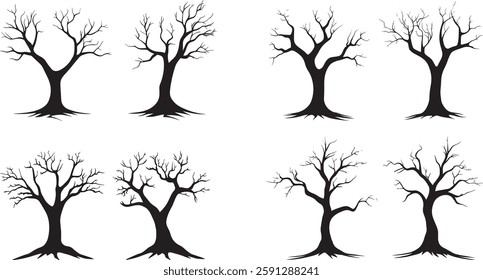 Bare Tree Silhouette Collection, Vector Illustration on White Background