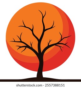 bare tree silhouette growing in front of big orange on white background