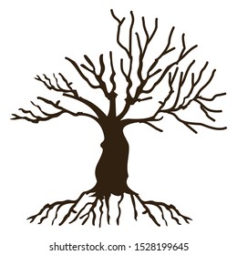 A bare tree silhouette with isolated roots on a white background, suitable for logo design and the environment