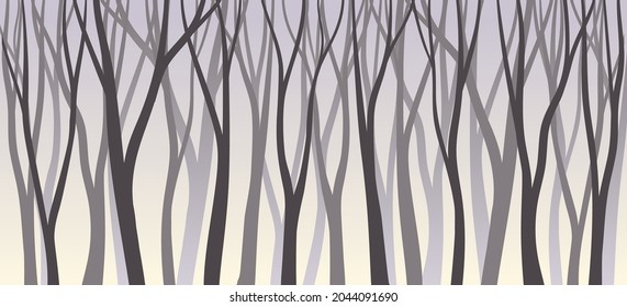 Bare Tree Silhouette with Tall Trunk and Branched Top as Misty Forest Horizontal Backdrop Vector Illustration