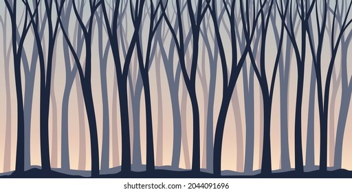 Bare Tree Silhouette with Tall Trunk and Branched Top as Misty Forest Horizontal Backdrop Vector Illustration