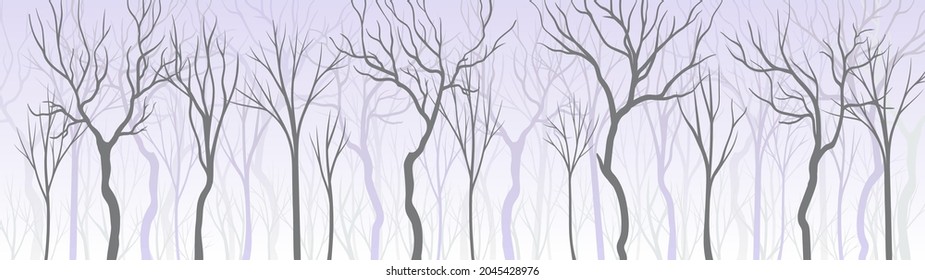 Bare Tree Silhouette with Tall Trunk and Branched Top as Misty Forest Horizontal Backdrop Vector Illustration