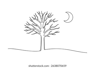 Bare tree silhouette under crescent moon line drawing