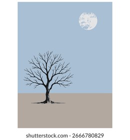 Silhueta de árvore nua sob céu iluminado pela lua