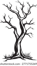 Bare tree, silhouette, winter, twisted branches, roots, grass, nature, deciduous, dead, spooky, season.