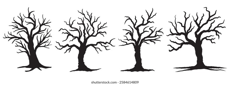 Bare tree silhouettes with roots. Spooky trees collection of halloween vector isolated on white background. Cartoon Leafless trees with empty branches. Scary, haunted and creepy curly plant element