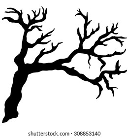 Bare tree, snag, bough, drift wood, branch black silhouette closeup isolated on white background. Hand painting on paper 