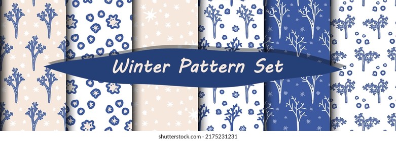 Bare tree and snow vector seamless pattern set