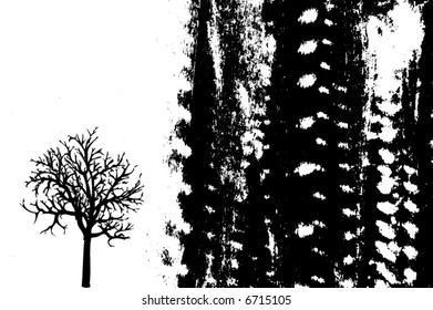 Bare tree vector design with abstract art grunge ink style paint pattern isolated on a white background