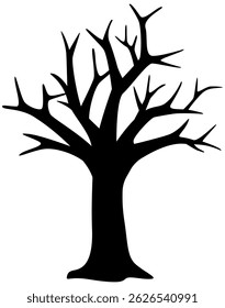Bare tree vector illustration. Leafless or dead tree silhouette.