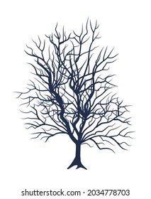 Bare tree without leaves. Dark silhouette. Dense crown with many small branches. Or close-up of bush. Winter or autumn season. Isolated Picture on white background. Vector art.