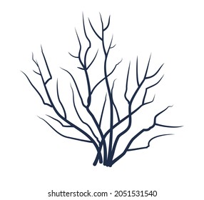 Bare tree without leaves. Dark silhouette. Picture. Crown with branches. Or close-up of bush. Winter or autumn season. Isolated on white background. Vector art.