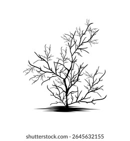 Árbol desnudo sin hojas. Silueta oscura. Imagen de la rama en un fondo blanco. Ilustración vectorial.