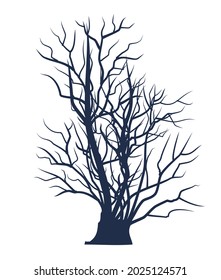 Bare tree without leaves. Detailed. Dark silhouette. Dense crown with many small branches. Or close-up of bush. Winter or autumn season. Isolated on white background. Vector art.