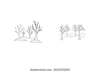 Bare Trees Landscape With Hills Drawing Minimalist Design Black And White