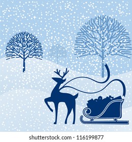 Bare trees in landscape with reindeer and sleigh with gifts