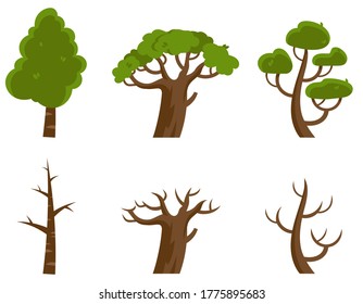 Bare trees and trees with leaves. Plants in cartoon style.