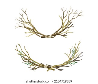 Bare twigs tied with rope set. Natural frame decor element vector illustration