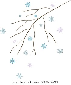 Bare winter abstract branch with blue snowflakes