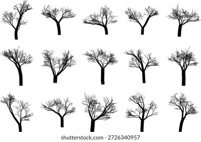 Conjunto de silueta de árbol caducifolio de invierno desnudo aislado sobre fondo blanco para diseño de naturaleza