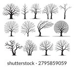 Bare Winter Tree Silhouette Set, Leafless Forest Trees Vector Bundle, Dead Tree Clipart Collection Isolated on White
