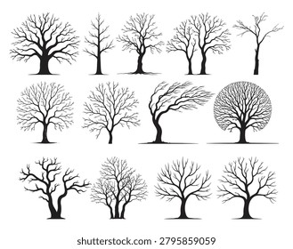 Bare Winter Tree Silhouette Set, Leafless Forest Trees Vector Bundle, Dead Tree Clipart Collection Isolated on White