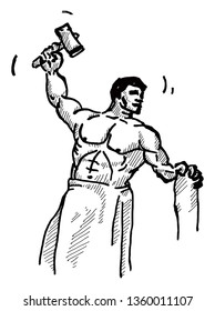 A bare-chested blacksmith holding a hammer. Hand drawn vector illustration.
