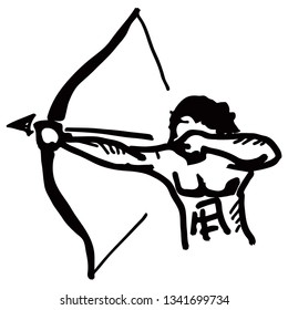 A bare-chested tribal archer aiming a bow and arrow. Hand drawn vector illustration. 