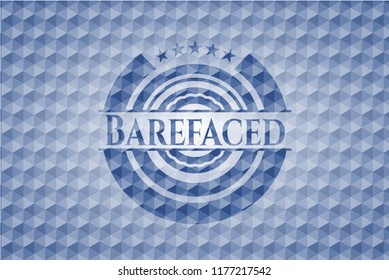 Barefaced blue badge with geometric pattern background.