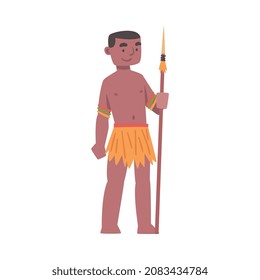 Barefoot African Aboriginal Man Character Dressed in Traditional Tribal Clothing with Spear Vector Illustration