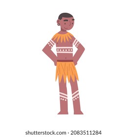 Barefoot African Aboriginal Man Character Dressed in Traditional Tribal Clothing Vector Illustration